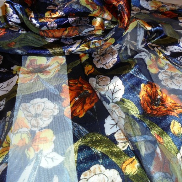 Scarf floral satin chiffon dark blue - gold - Picture 5 of 5